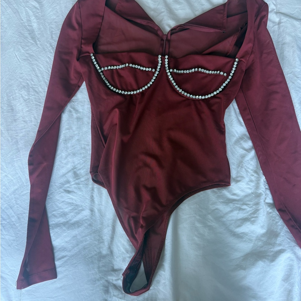 Burgundy Long Sleeve Bodysuit with Pearl Detail